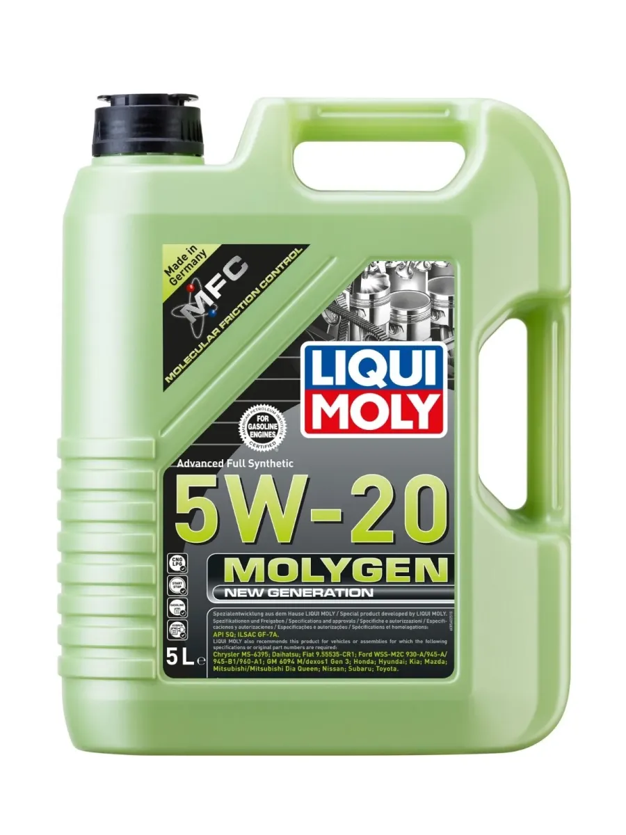 Aceite sintético Liqui Moly Molygen 5W-20 (5 Litros) con protección verde anti-fricción MFC para motores a gasolina e híbridos.