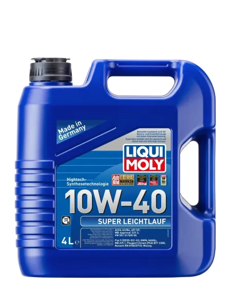 Aceite sintético antifricción 10W-40 Super Leichtl Liqui Moly en presentación de 4L para protección total del motor.