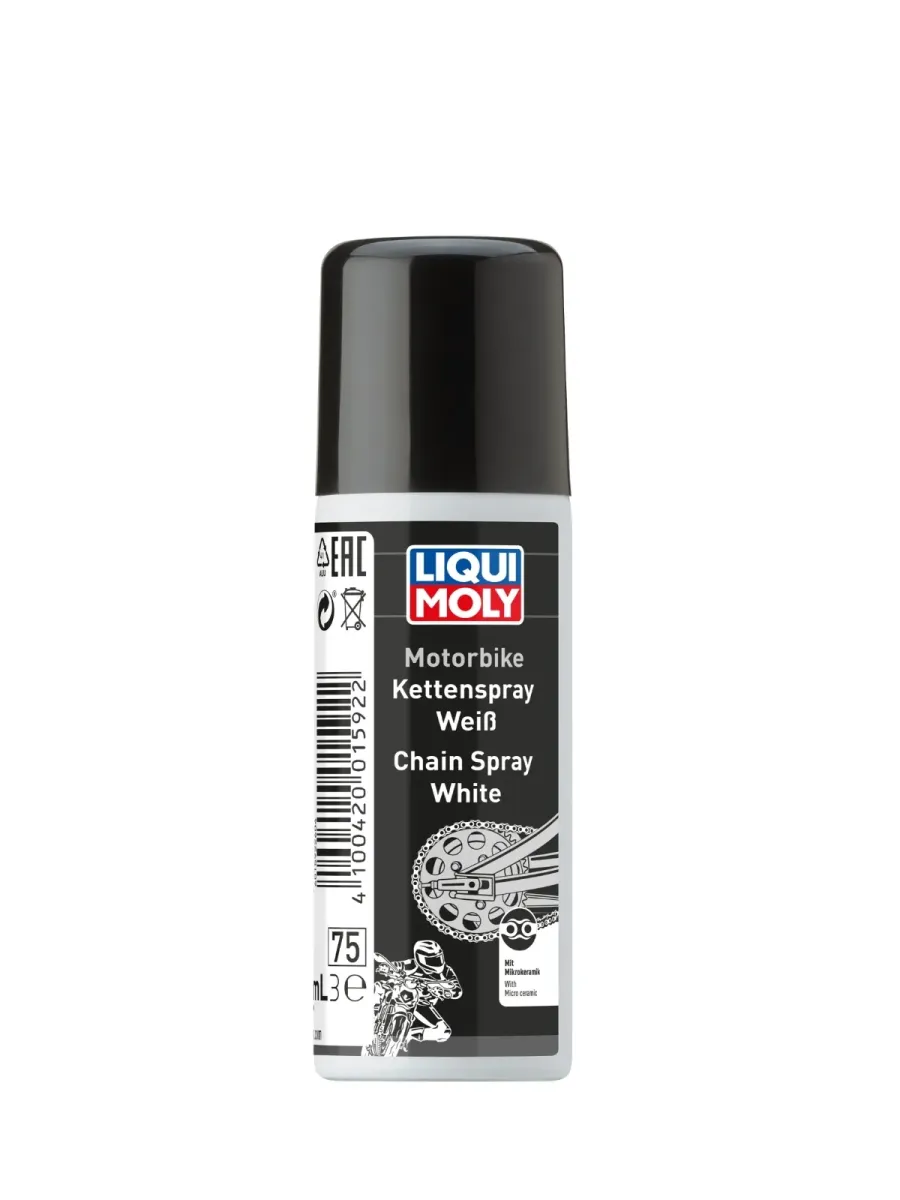 Lubricante sintético en Spray Blanco Liqui Moly Motorbike para cadenas con retenes.