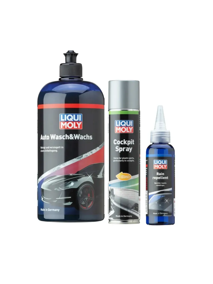 Kit de limpieza y cuidado automotriz LIQUI MOLY con Limpiador con Cera + Limpiador para Tablero + Repelente de Lluvia